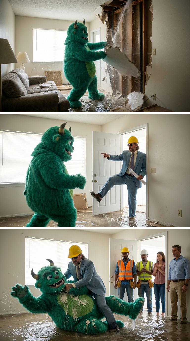 Boss Man vs. the Job Site Monster — a 3-panel story of demolition, confrontation, and victory